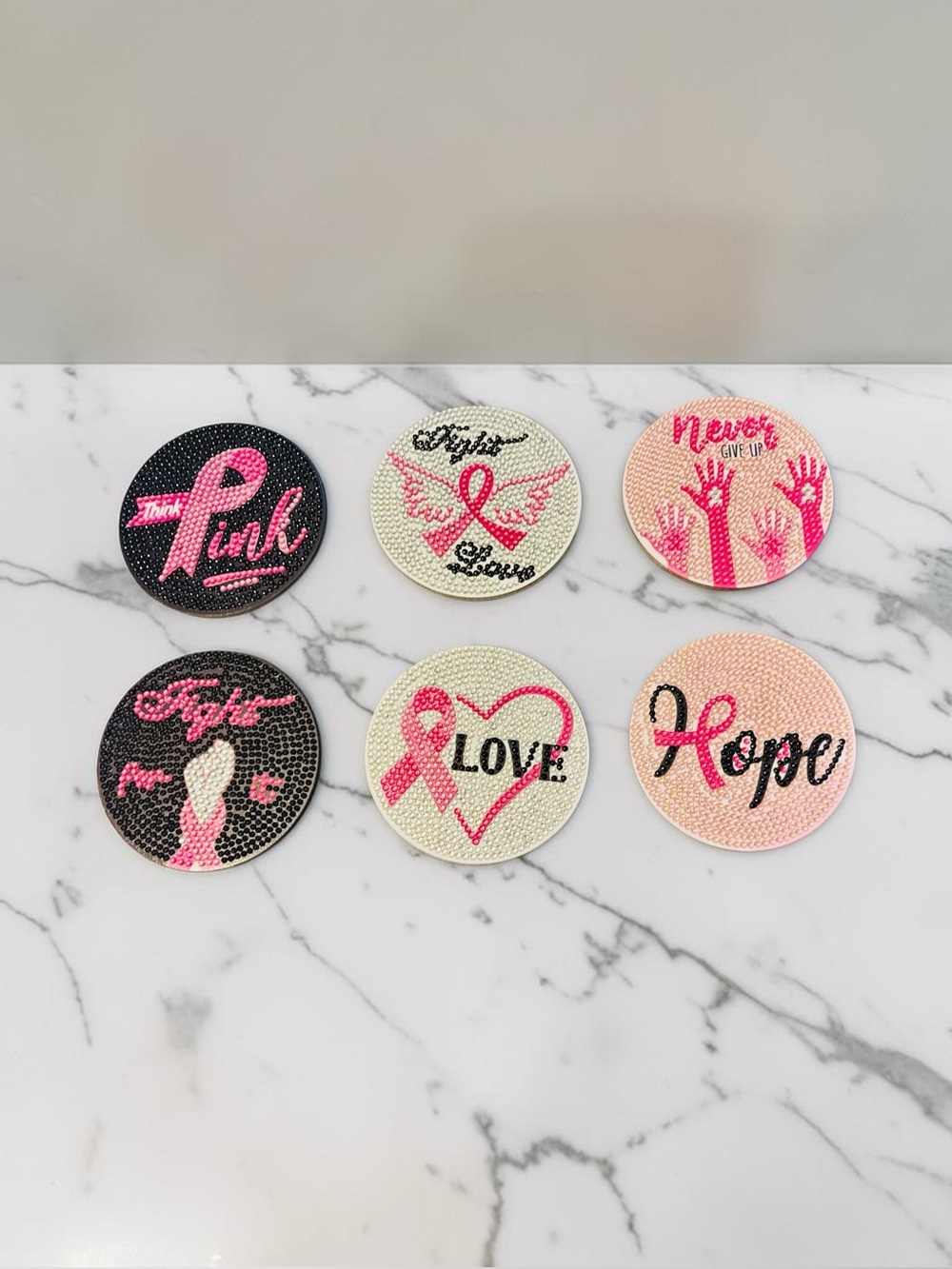 Breast Cancer Coasters Set of 6 with Holder
Hand Crafted & Sealed 4” - Picture 2 of 3